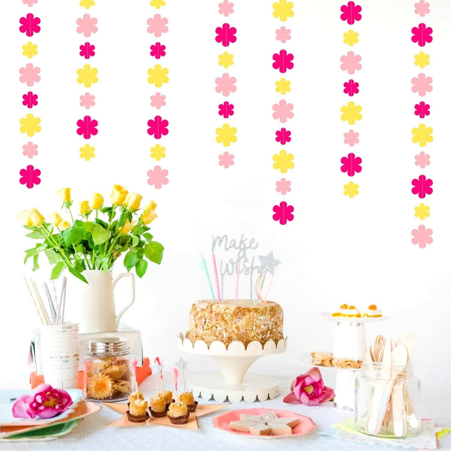 Hot-Pink Yellow Fall Party-Decorations Streamers-Garland - 52ft Boho Flower Hanging Paper Banner, Groovy Birthday Baby Bridal Shower Bachelorette Wedding Classroom Decor Hugfond