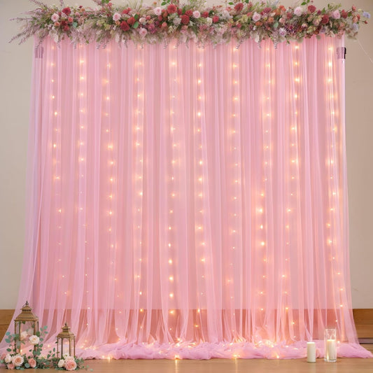 Sheer Backdrop Curtains with Lights String for Weddings Baby Showers, 10x10ft Sheer Tulle Photo Backdrop Curtains for Birthday Party Photography Background Decoration, Pink