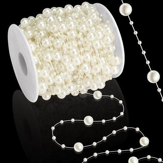 99 Feet Fishing Line Artifical Pearl Strings for Crafting, Faux Pearl Garland Strands for Floating Candle Vases Filler Wedding Centerpiece Bouquet Christmas Tree Party Decoration, Ivory