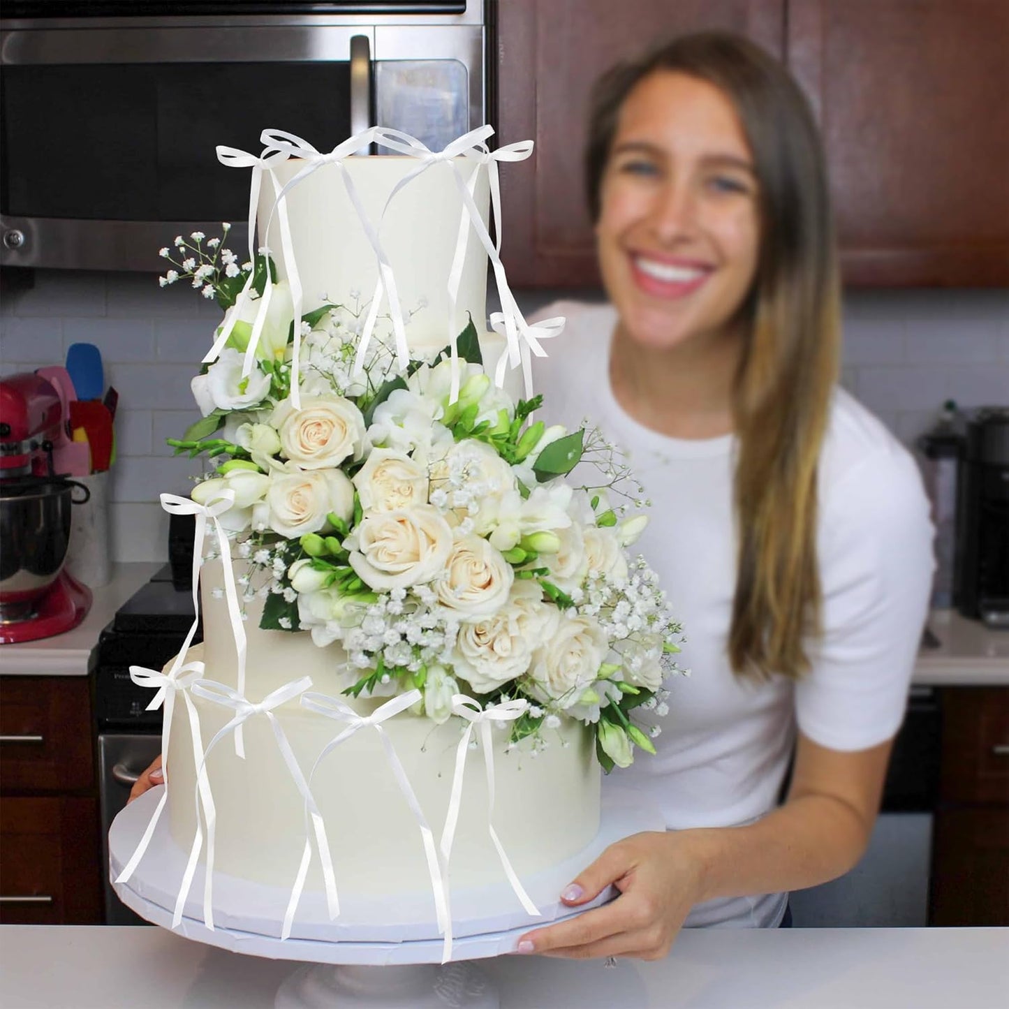 Ephlyn 30Pcs Bow Cupcake Toppers Valentine's Bowknot Ribbons Coquette Bow High Footed Cup Balloon Wall Party Decorations Cake Dessert Picks Baby Girl Birthday Wedding Party Supplies White