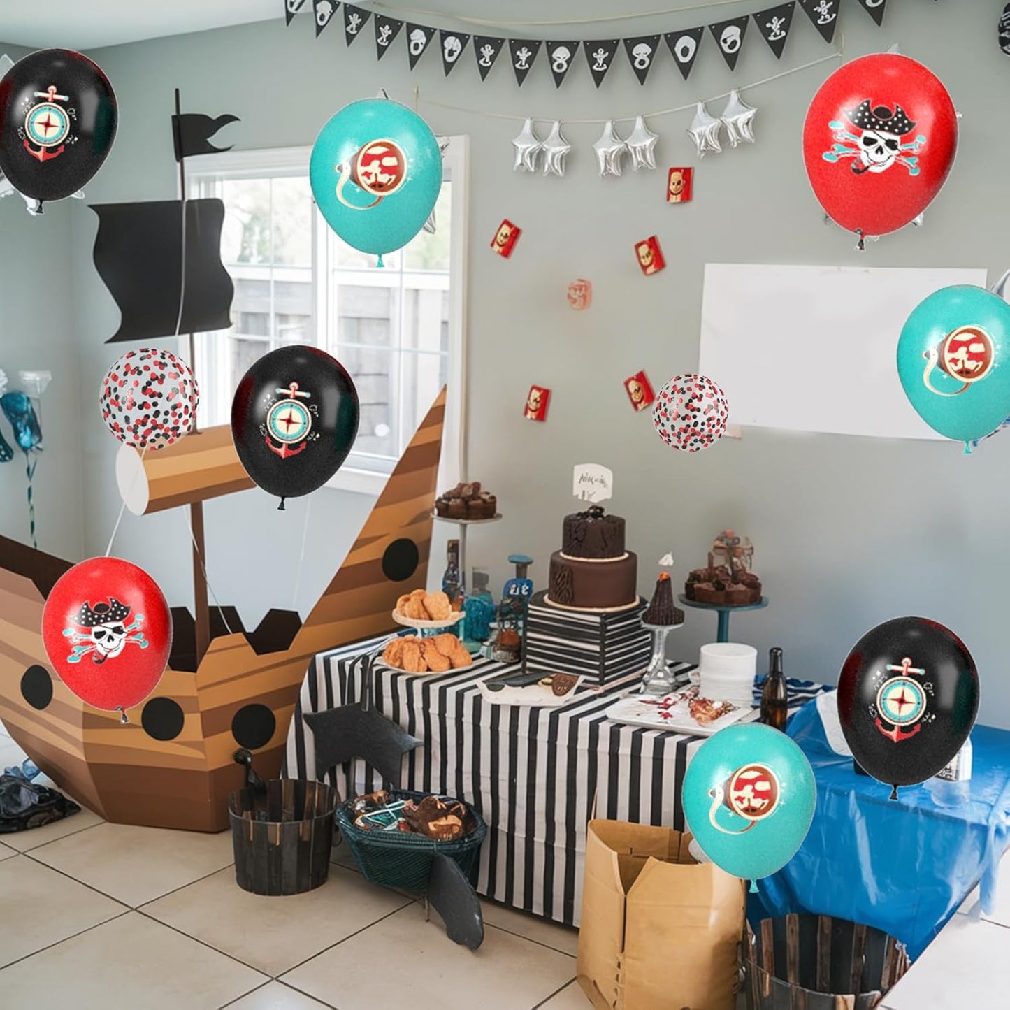 Pirate Balloons, 12 Inch Teal Black Red Confetti Balloons with Pirate Design for Boy Pirate Ship Theme Birthday Party Sea Sailing Graduation Halloween Baby Shower Decorations