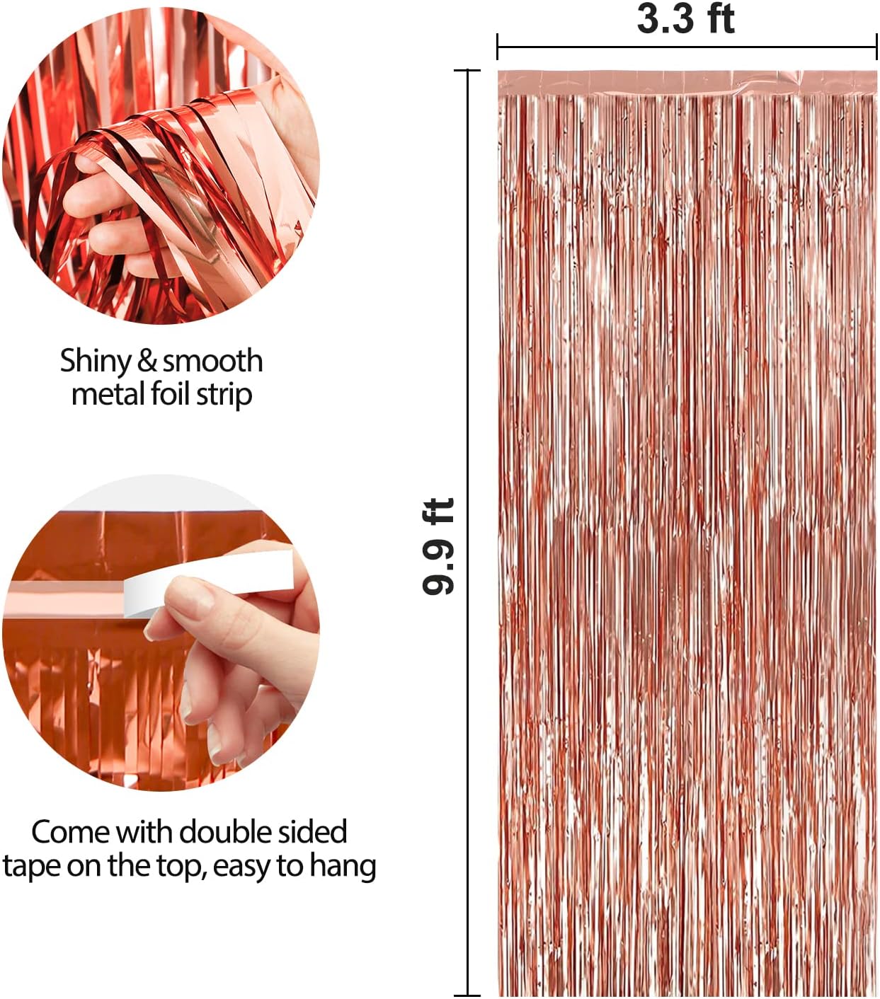 Crosize 3 Pack Rose Gold Foil Fringe Backdrop Curtains, 3.3 x 9.9 ft, Party Decorations