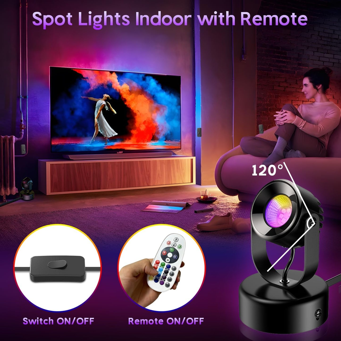 Spot Lights Indoor,7W RGBW Spotlight 16 Color Changing Up Lights Indoor with Remote Dimmable Function Memory Feature LED Ambient Lighting for Party,Bar,Esports Room, 5.9 FT Power Cord, 2 Pack