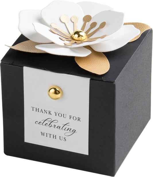 FEIYI 20 PCS Candy Boxes, 3 In 1 Black Favor Boxes with Floral Decor, White Thank You Tags Gift wrapping for Wedding Birthday Baby Shower Decorations Party -2.55x2.55x2.55''