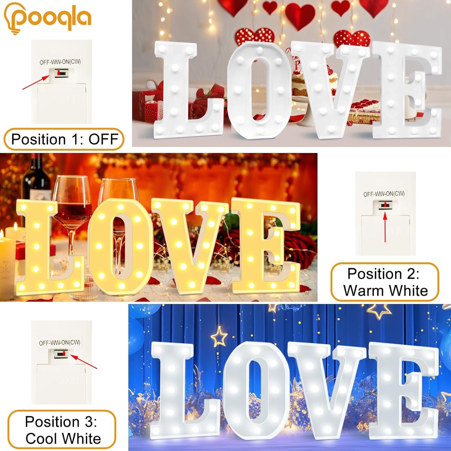 Pooqla LED Marquee Letter Lights, Warm White and Cool White Decorative Lighted Letters, Light Up Alphabet Letters for Boys Girls, Party, Wedding, Bar, Night Light, Birthday Decoration, Letter Q