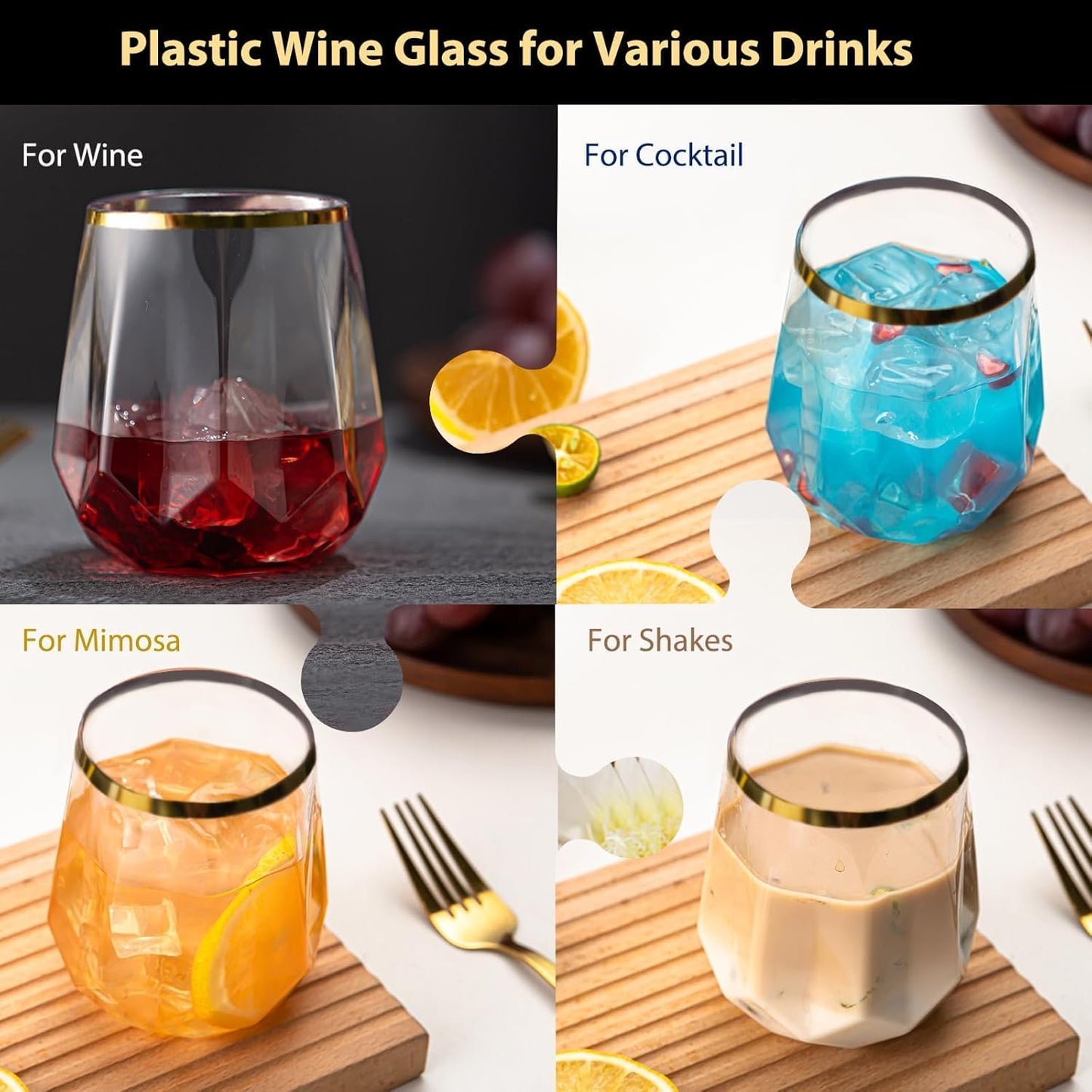 40 count Diamond Unbreakable Stemless Plastic Wine Champagne Whiskey Glasses Elegant Durable Disposable Indoor Outdoor Home office wedding bars 12 Ounce (Classic Old Fashioned Gold Rim)