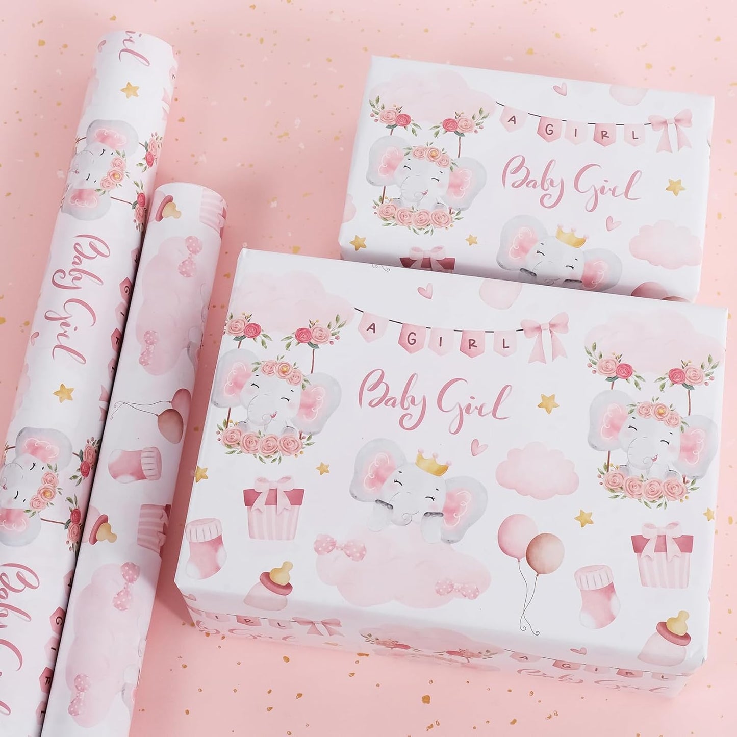 Aimyoo Pink Baby Shower Wrapping Paper Roll - 17 Inch X 32.8 Feet - Cute Elephant with Baby Girl Letter Design Perfect for Girls, Birthday, Party
