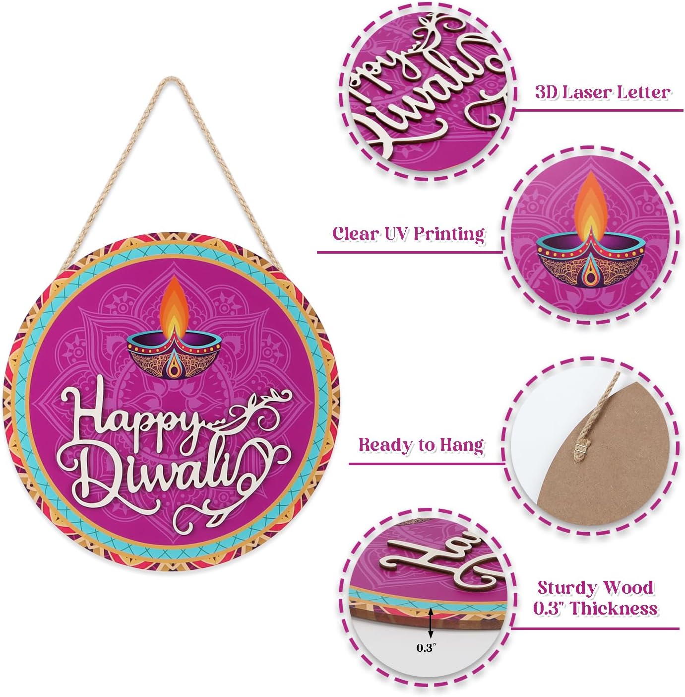 CHDITB Happy Diwali Decoration 3D Front Door Sign(12”x12”), Indian Festival of Lights Wall Hanging with Rangoli Diyas, Deepavali Themed Door Hanger for Front Door Porch Home Office Party