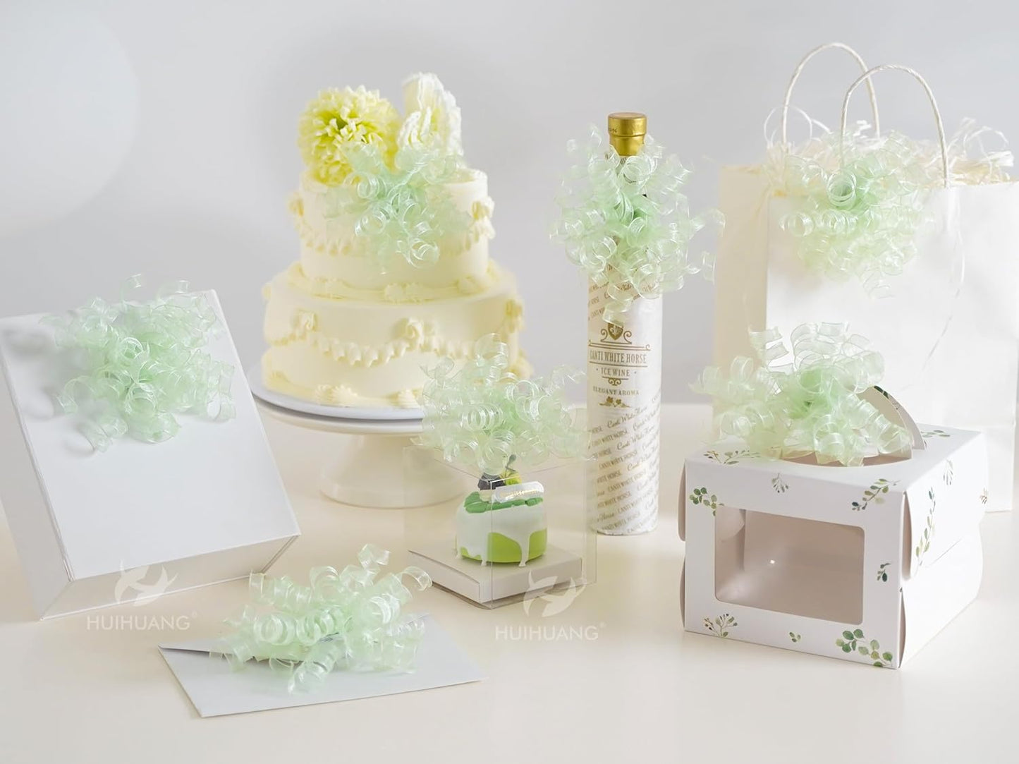 HUIHUANG Curly Bows for Gift Wrapping Sage Green Gift Bows 5 inch x 8 Counts Self-Adhesive Curly Ribbon Bow for Presents, Treat Bags, Baby Shower Favors, Wrapping Accessories, Party Decor