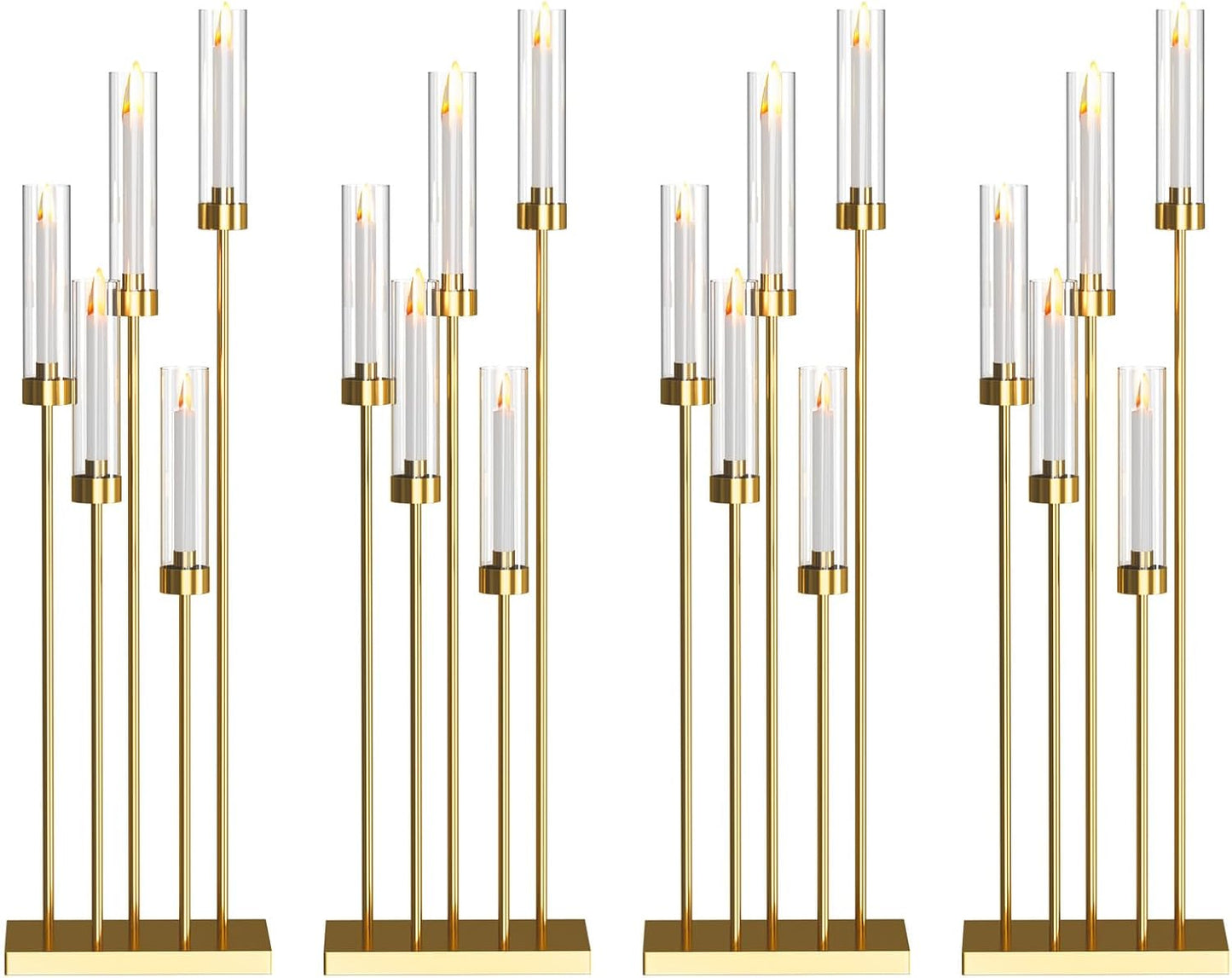 42.5'' Floor Candelabra 5 Arm Candelabra Centerpieces for Tables Gold Candle Sticks Holder 4 Set Tall Metal Candlestick with Acrylic Lampshades for Home Christmas Party (Square)