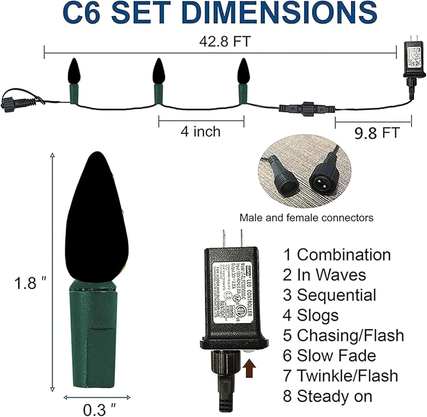 Dazzle Bright C6 Christmas String Lights, 100 LED 33 FT Outdoor Christmas Lights Waterproof Connectable, 8 Modes Lights for Indoor Outdoor Home Garden Yard Xmas Tree Decorations (White)