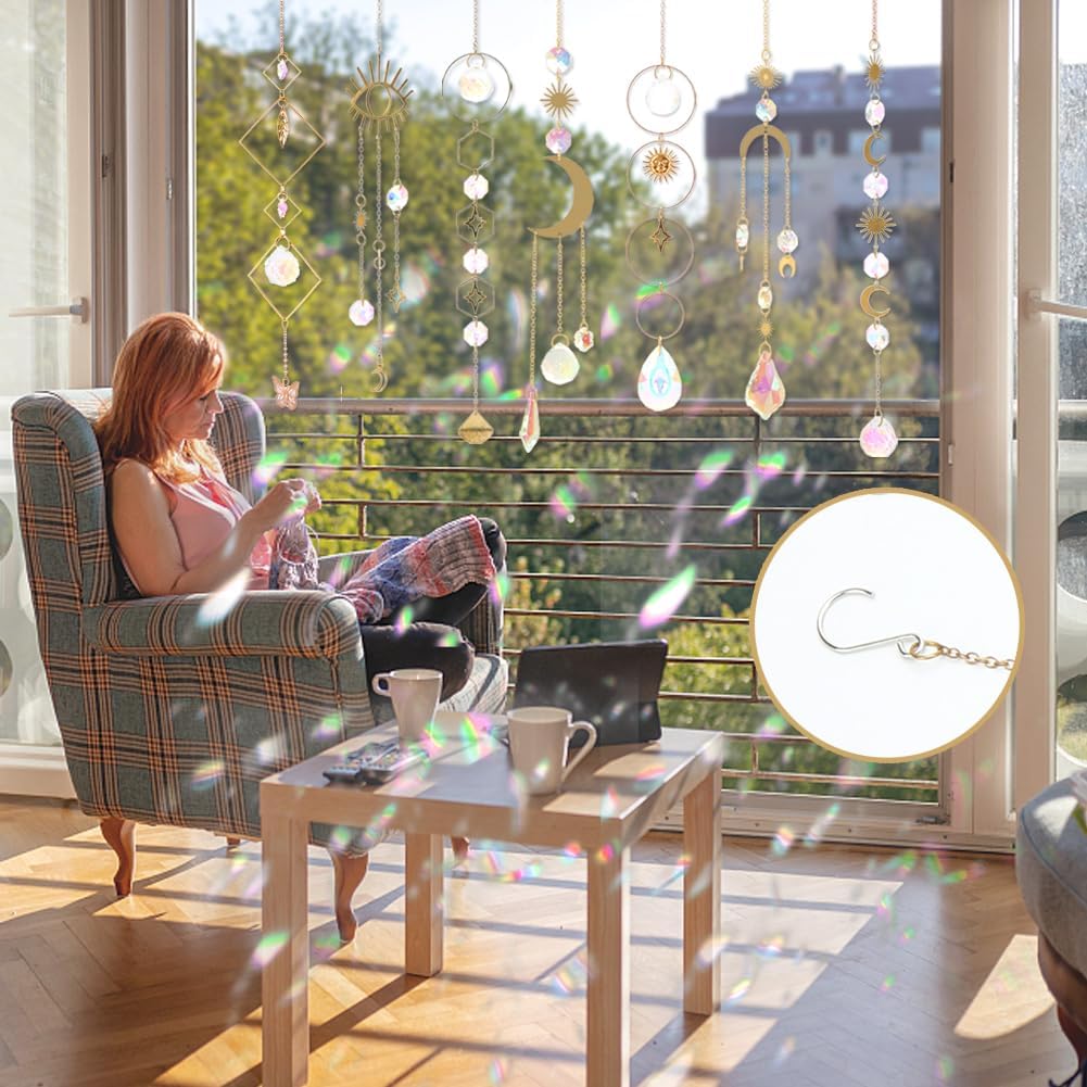 Sun Catchers, 10 Pieces Colorful Crystal Suncatcher with Chain Pendant Ornaments Hanging Crystals Prism Rainbow Maker for Windows Indoor Outdoor Car Mirror Garden Decor Wedding Party Xmas Gift