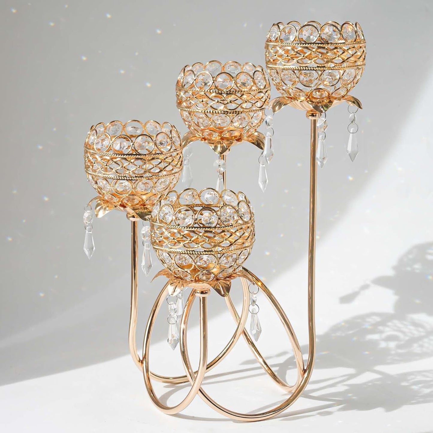 4 Arms Crystal Candelabra Tealight Holder - Tall 15.7 Inch Elegant Centerpiece with Crystal Pendant Bowls & Artistic Metal Stand for Wedding, Dining Table, Home Decor (1, Gold)