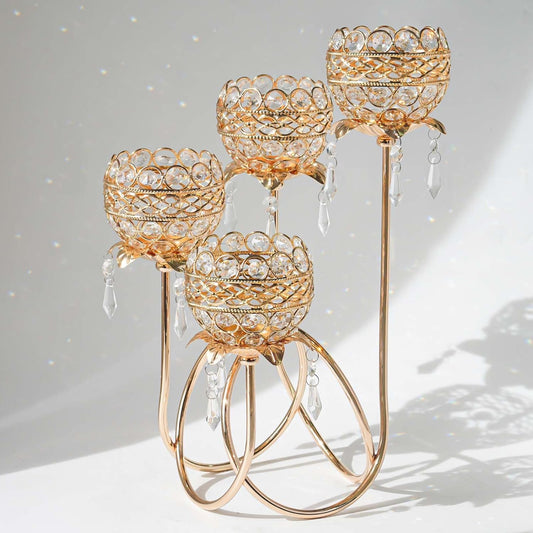 4 Arms Crystal Candelabra Tealight Holder - Tall 15.7 Inch Elegant Centerpiece with Crystal Pendant Bowls & Artistic Metal Stand for Wedding, Dining Table, Home Decor (1, Gold)