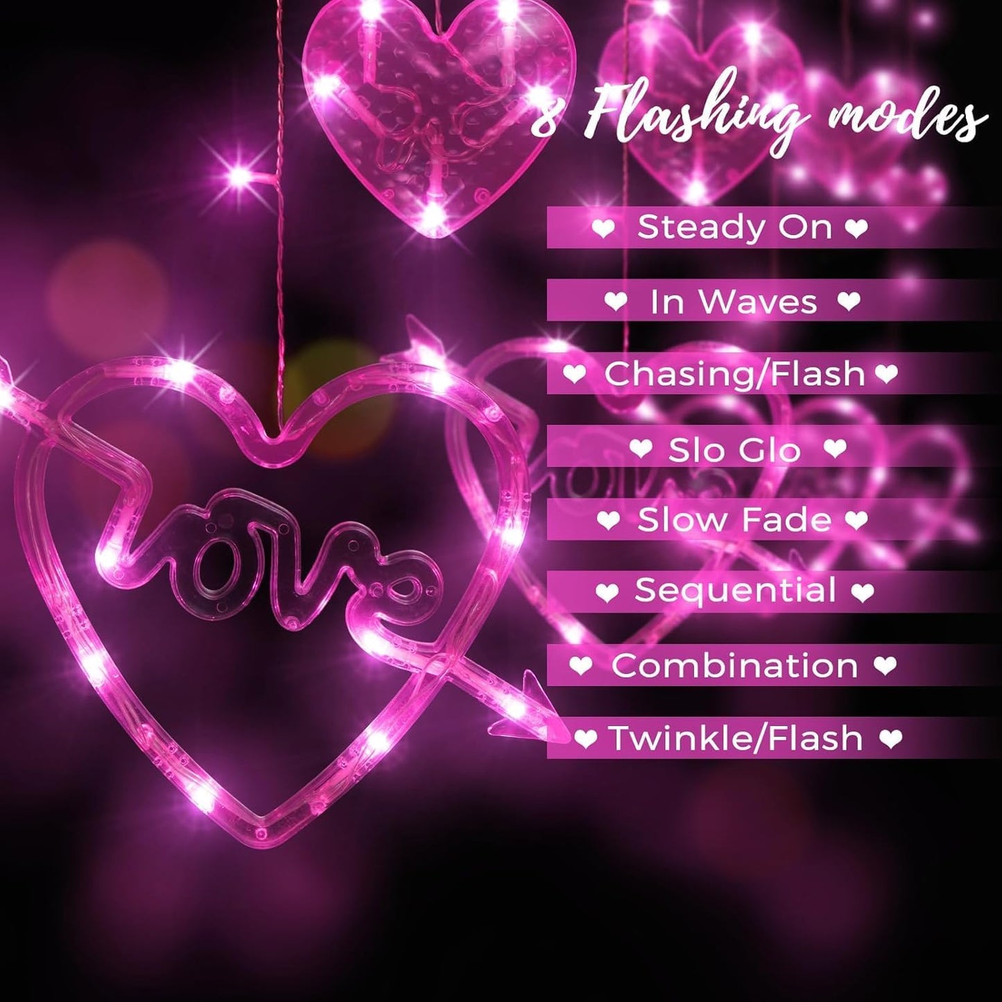 Valentines Day Decor, 138LED Love Heart Curtain Lights with Remote 8 Modes for Bedroom, USB and Battery Powered Valentines Lights for Wedding Birthday Anniversaries Party Decor (Pink)