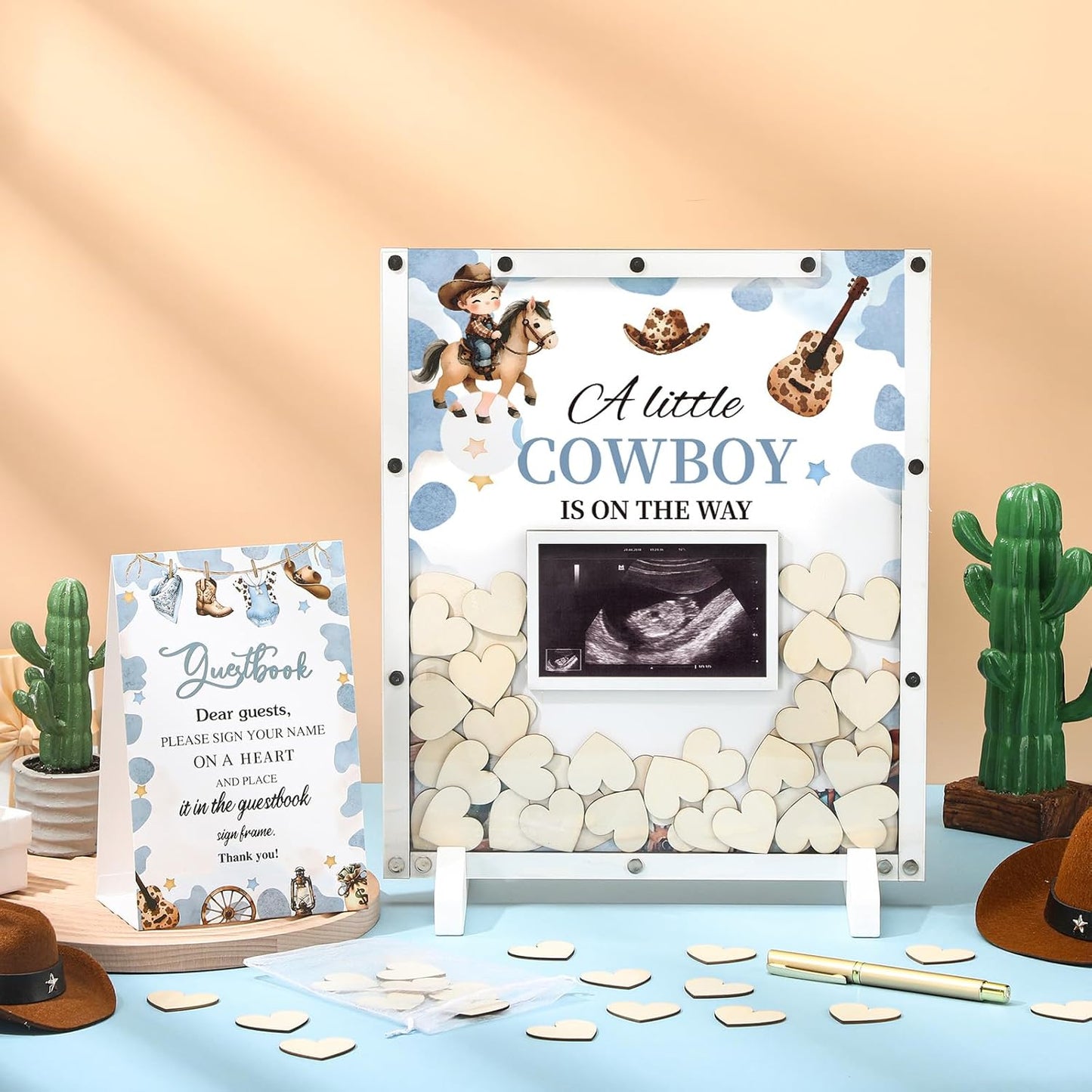 65 Pcs Cowboy Baby Shower Decorations Guest Book Alternatives a Little Cowboy is on The Way Decorations Western Baby Shower Party Supplies Sign in Guest Book with Picture Frame and 60 Wooden Chip