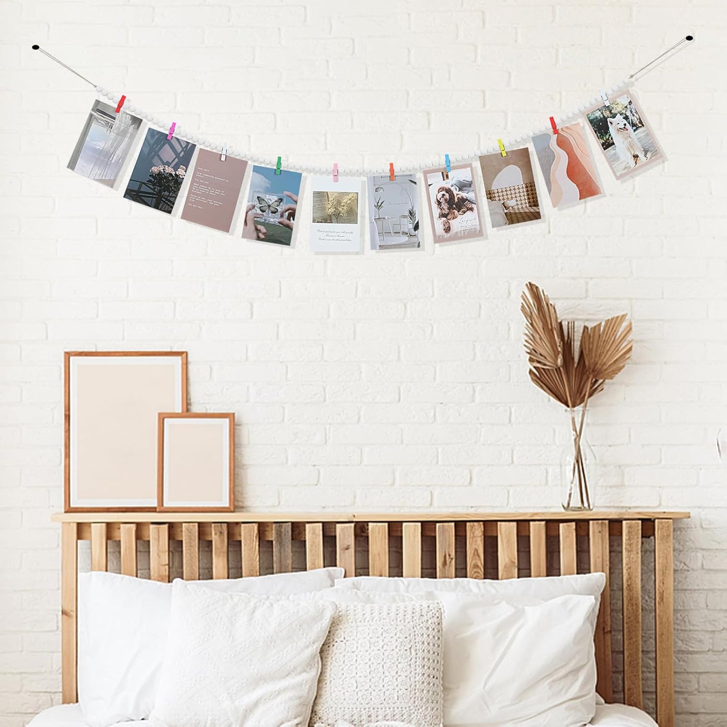 Hanging Photo Display with Clips, Boho Wooden Bead Garland Collage Picture Frame Wall Decor, Photo String with 10 Different Random Colors Wood Clips for Bedroom Room Decor, Christmas Teen Girls Gifts
