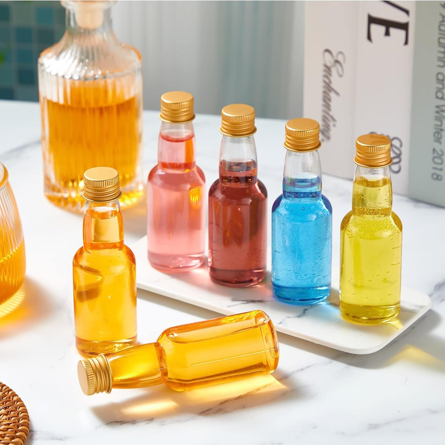 120 Pcs Mini Liquor Bottles Airtight Shot Miniature Empty Plastic Alcohol Spirit Shot Bottles with Funnels for Party Favors, Weddings(2 oz,Gold)