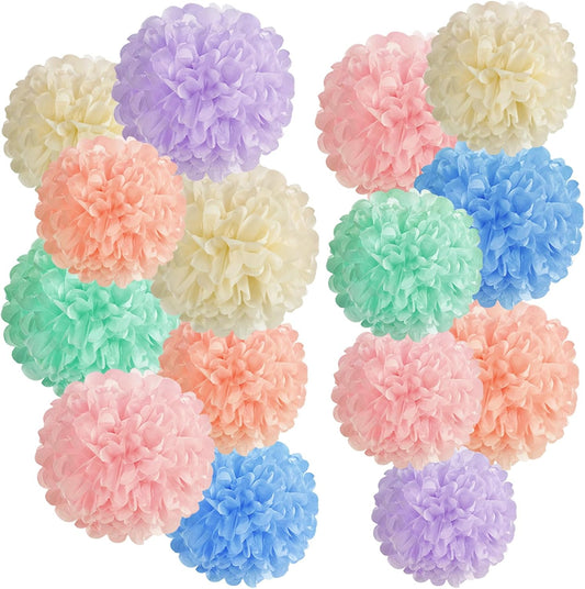 EASY JOY 15PCS Pastel Paper Tissue Pom Poms Decoration Macaron Rainbow Candy Ice Cream Easter Flowers Wall Hanging Decor for Birthday Wedding Baby Shower
