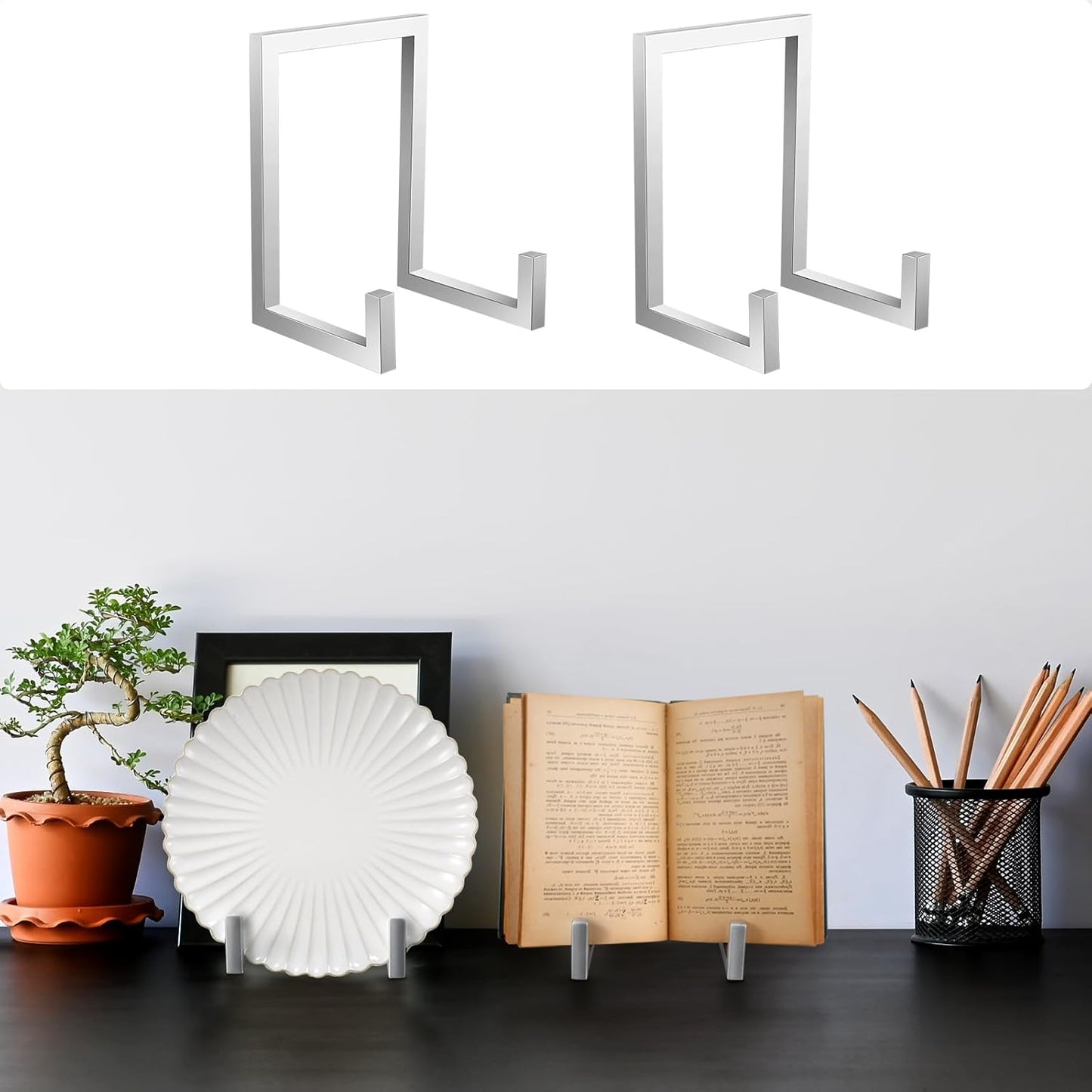 Sweetude 2 Pcs Large Plate Stands for Display Metal Frame Plate Holder Display Stand Decorative Table Top Easels for Picture, Book, Platter, Photo Easel (Silver,6 Inch)