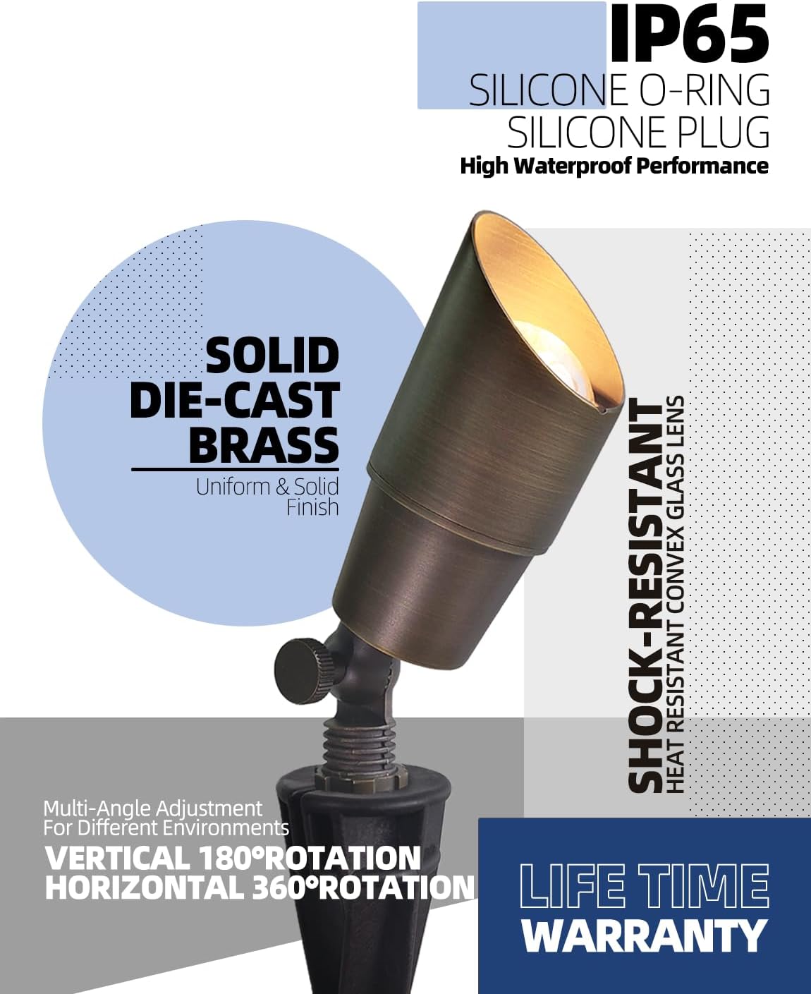 MALORY Brass Landscape Spotlight 1-Pack with Bulb(S01), Low Voltage 12V AC/DC LED Outdoor Landscape Lighting,PVC Ground Stake and Wire Connector Included, Garden Patio Trees Spot Uplight