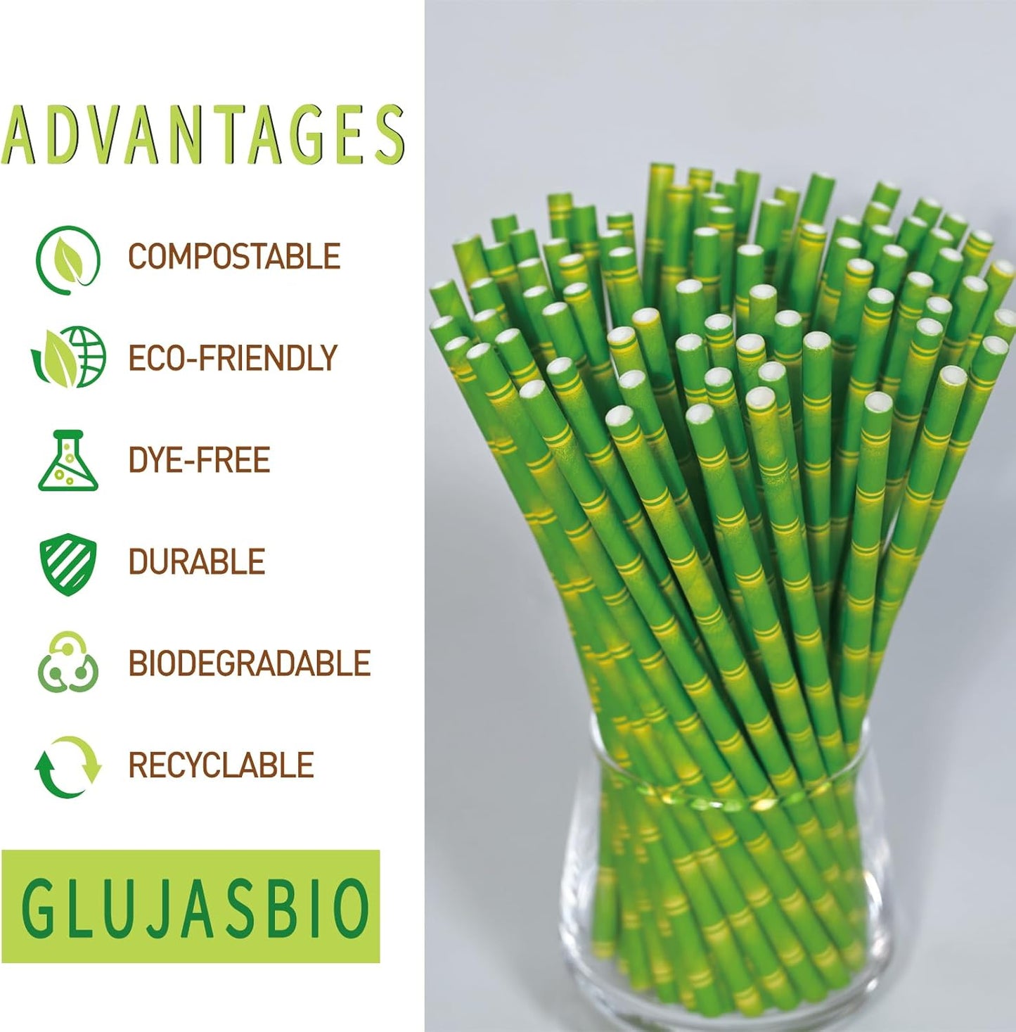GLUJASBIO 7.75" Green Disposable Paper Straws - Biodegradable Drinking Straws for Party Suppliers, Cocktails, Juices, Drink, 100 Pack, Bamboo Pattern