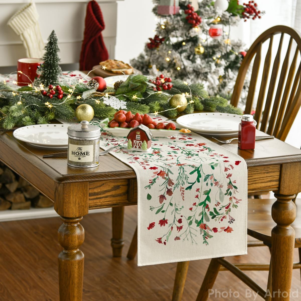 Artoid Mode Floral Leaves Christmas Table Runner, Wild Flowers and Grasses Winter Kitchen Dining Table Decoration for Home Party Decor 13x36 Inch