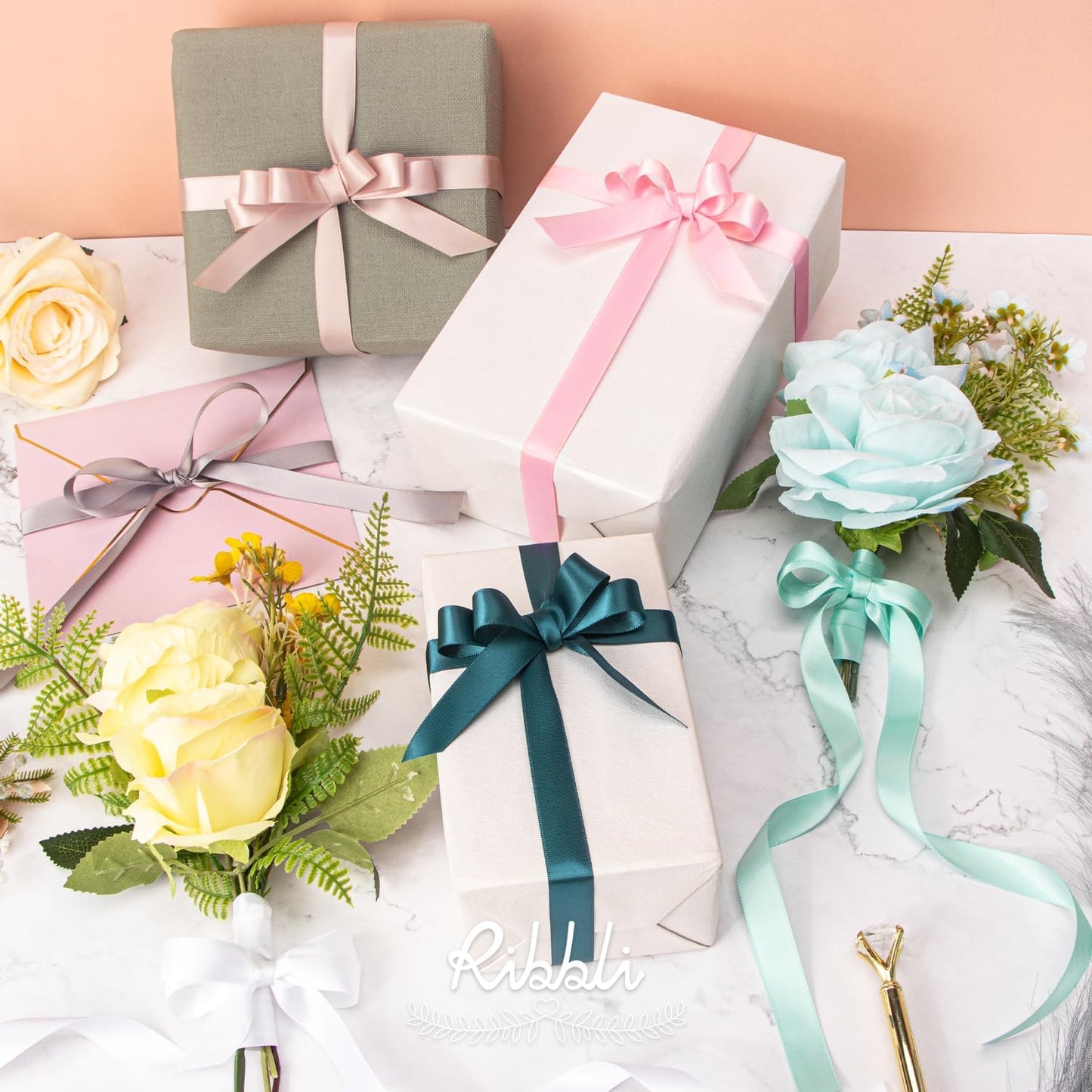 Ribbli Pink Satin Ribbon 5/8 inch x Continuous 25 Yards,Double Faced Satin Use for Craft, Gift Wrapping, Christmas Ornaments, Hair Bows, Bouquet Bows