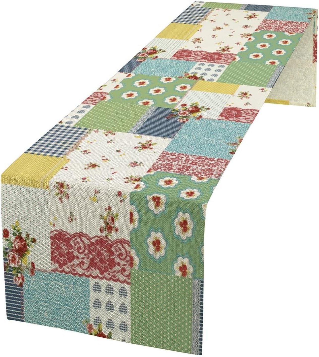 Patchwork Boho Table Runner,Vintage Colorful Floral Plaid Polka Dot Print Tablecloth Burlap for Hotel Indoors Outdoor Dining Room Kitchen Home Decor,W13X L90 in
