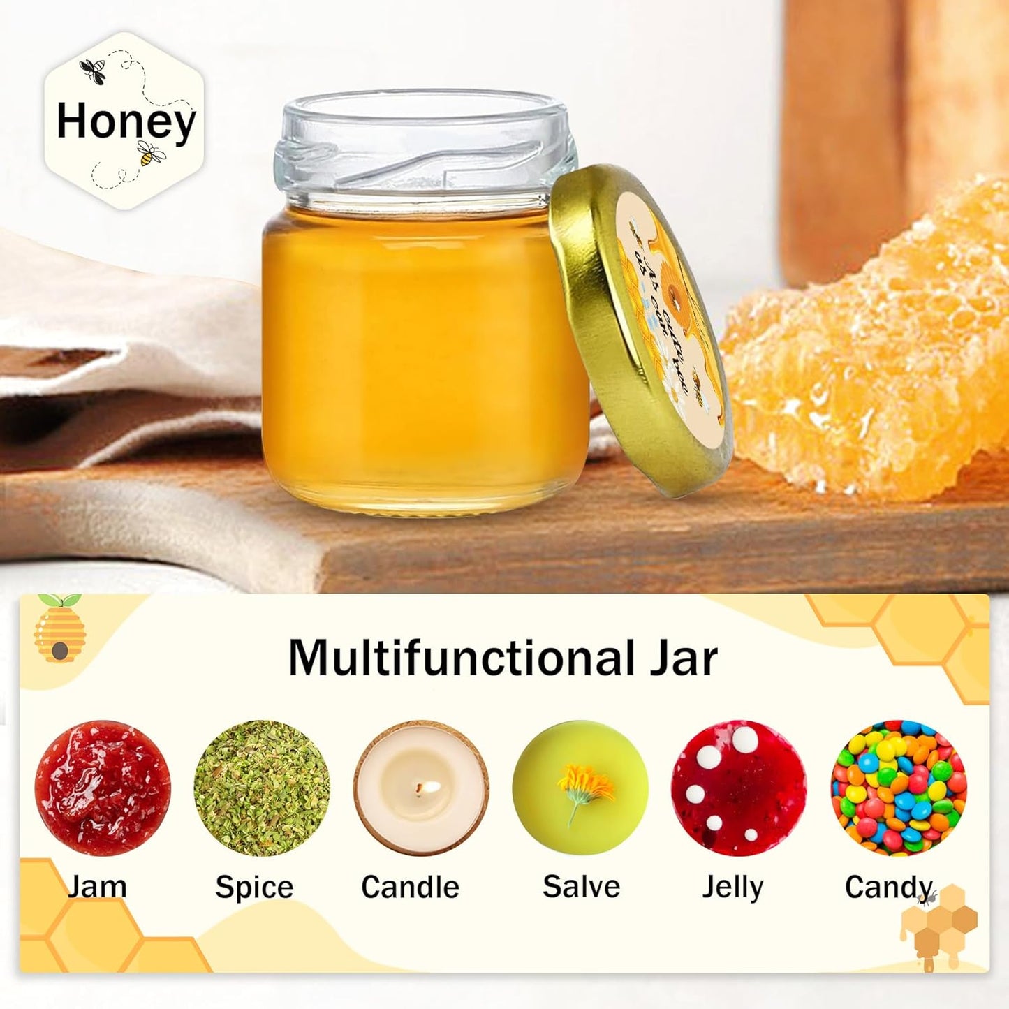 Aliggbent 126 Pack Mini Honey Jars for Party Favors in Bulk, 1.5 oz Small Round Glass Honey Jars with Dippers, Lids, Cute Stickers, Bee Charms, Bags and Jute for Baby Showers, Weddings & Birthdays