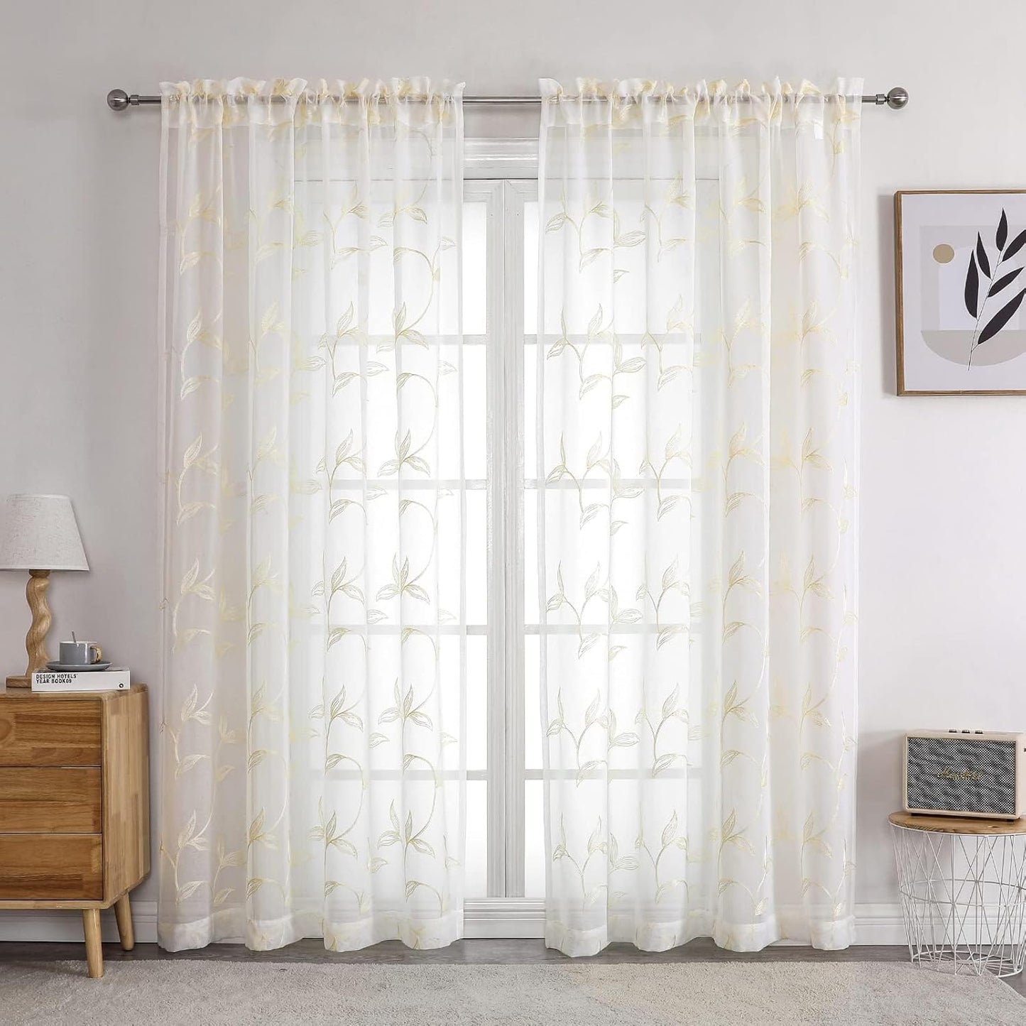VISIONTEX Sheer Curtains 120 inch Length 2 Panels Set, White Voile Crushed Cream Vine Leaves Embroidery, Rod Pocket Embroidered Window Drapes for Living Room and Bedroom, 54" x 120"