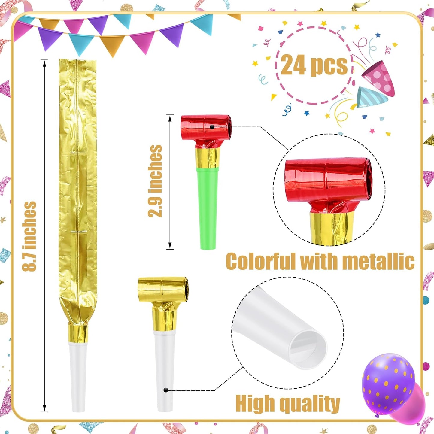 24 Pcs Party Blower Colorful Blowouts Noisemakers Birthday Blowouts Whistles for Party Favors(Colorful Metallic Roll)