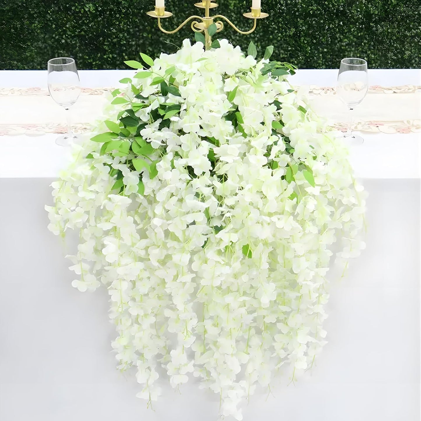 12 Pack Green White Wisteria Hanging Flowers, 3.44 Ft Fake Hanging Flowers, Artificial Wisteria Garland Vines for Wedding Room Backdrop Outdoor Patio Garden Decoration