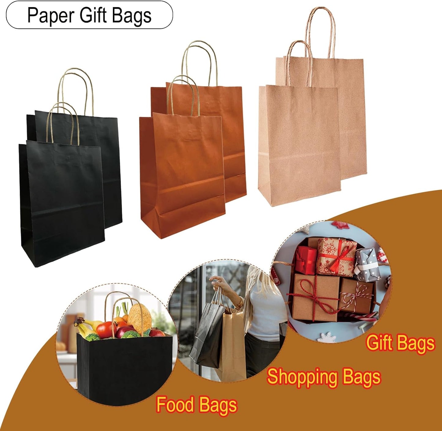 BAG BOX 50 Pack Small 5.9x3.1x8.25 Inch Black Kraft Paper Gift Bags with Handles for Bulk Shopping, Retail, Craft, Party Favors, Wedding, Grocery & Sacks