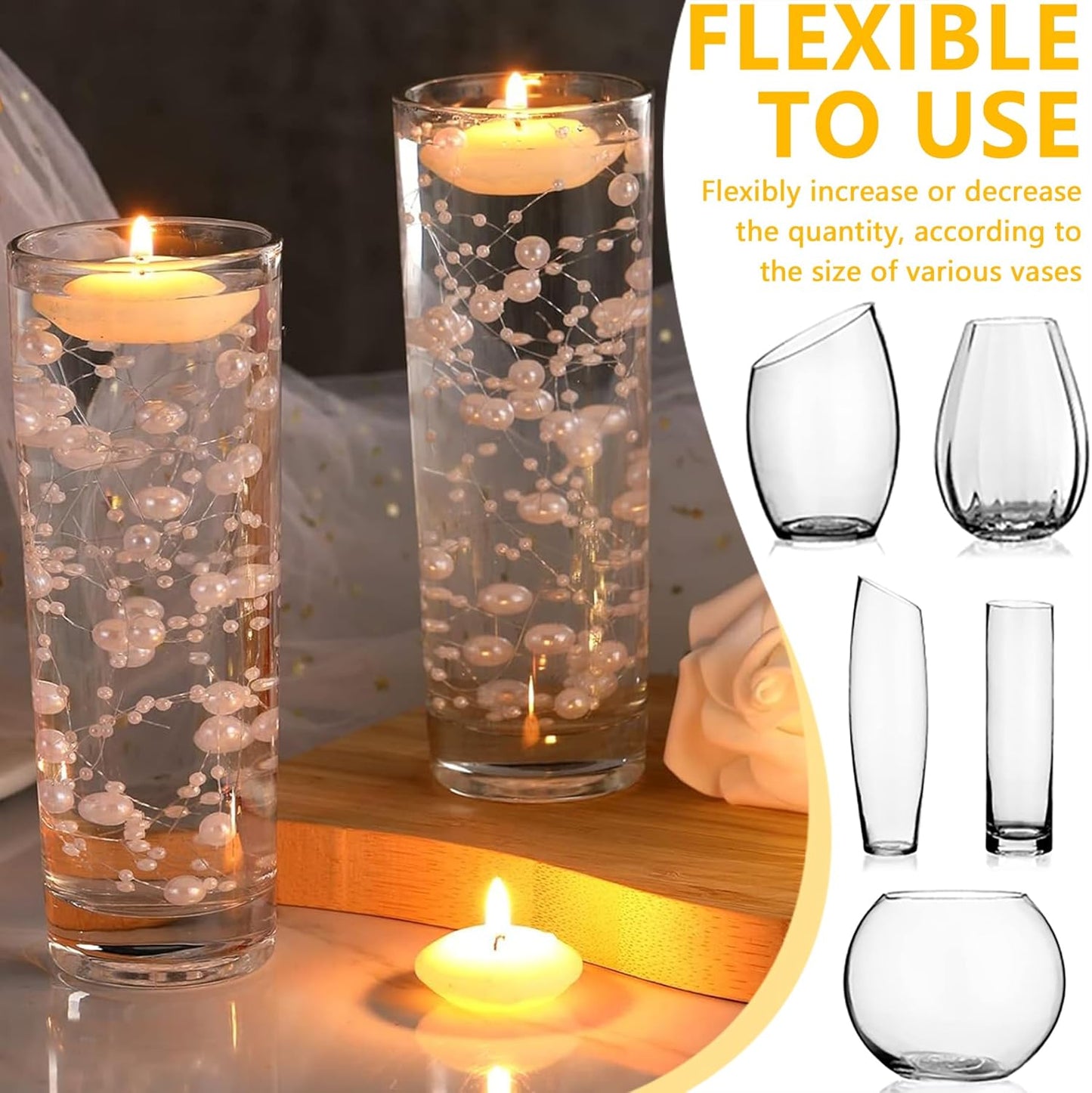 100 PCS Artificial Floating Beads for Centerpieces Vases, Silver 8+3mm String Beads for Wedding Party Faux Pearl String for Decorating, String Pearls for Crafts Vase Filler