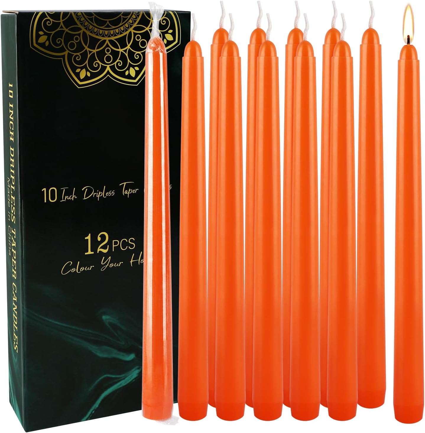 12-Pack Orange Taper Candles - 10 Inch Unscented Dripless Candlesticks, Long Burning for Halloween, Thanksgiving, Fall Decor & Dinner Parties