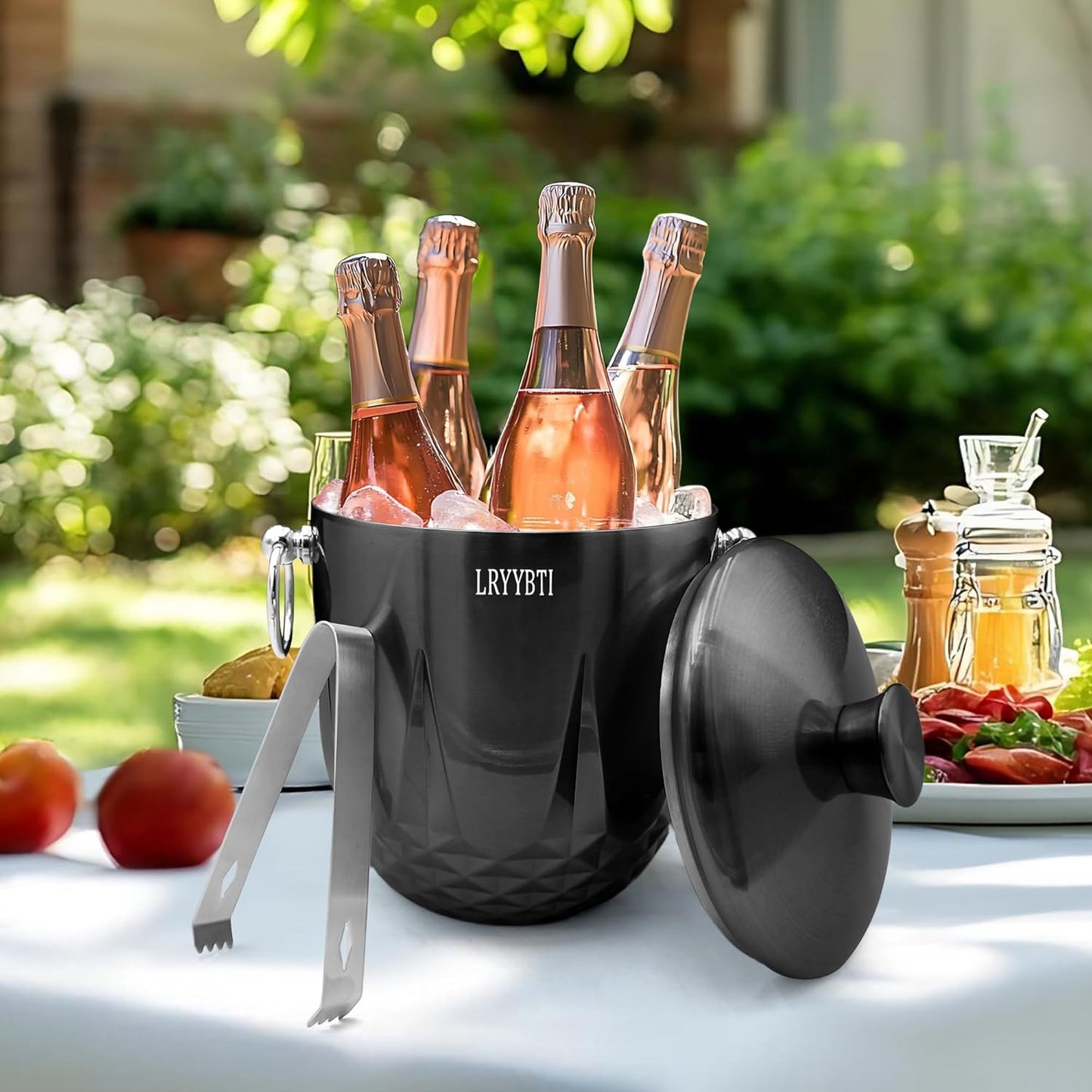 3L Ice Buckets for Parties and Cocktail Bar with Stainless Steel Lid,Tongs & Strainer(Black) Double-Wall Insulated Metal Ice Bucket Keep Ice Frozen Longer for Outdoor Champagne Ice Container Bin