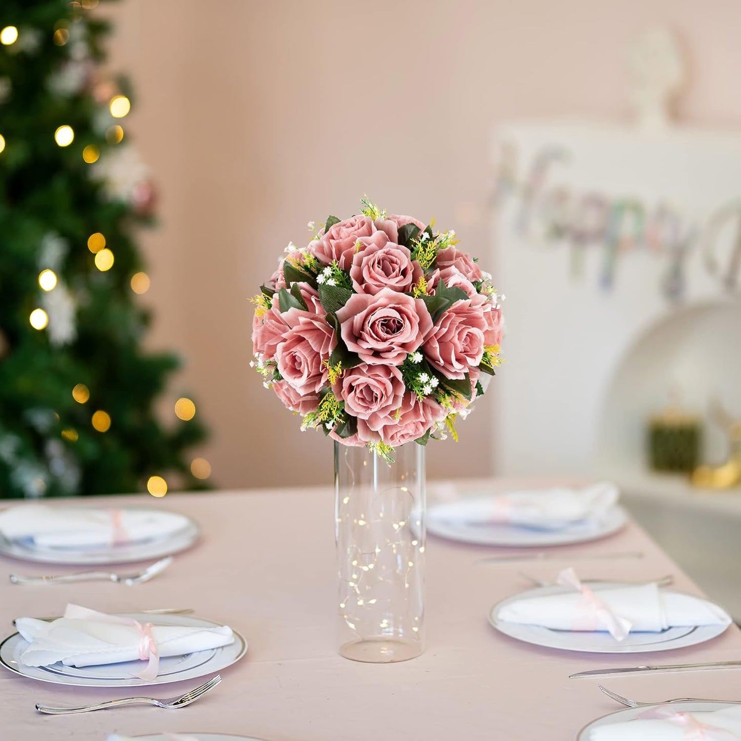 BLOSMON Flower Ball Centerpieces for Wedding: 10 Pcs Dusty Pink Fake Roses Flowers Artificial for Table - Silk Kissing Bouquet Floral Arrangement Center for Home Party Event Decor