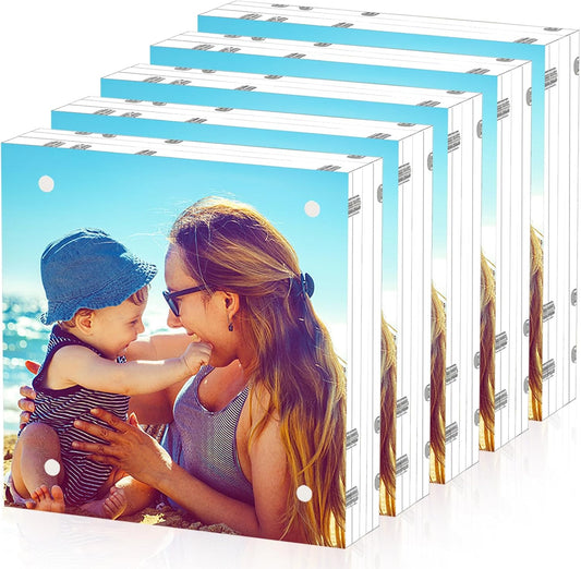HELPLEX 5 Pack 6x6 Acrylic Picture Frames, 24mm Thicker Square Frameless Clear Frame Double Sided Magnetic Frame, Free Standing Desktop Display Stand