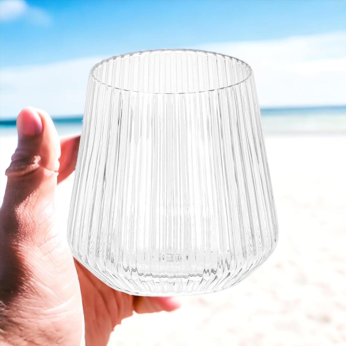 18 count origami ripple Unbreakable Stemless Plastic Wine Champagne Whiskey Glasses Elegant Durable Disposable Indoor Outdoor Ideal for Home, Office, Bars, Wedding, Ribbed 12 Ounce Cups (18, Clear)