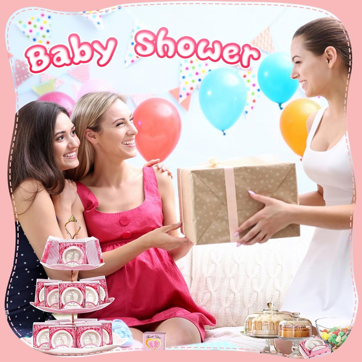 AIXIANG 24-Pack Pink Pitter Patter Handmade Soaps - Individually Wrapped Baby Shower Favors with Gift Box, Baby-feet Scented for Baby Girl Showers & Decor