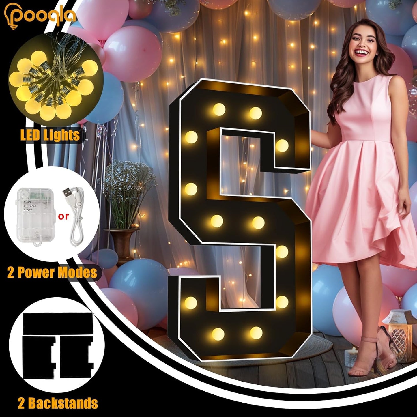 Pooqla 4 FT Marquee Light Up Letters, Black Letter Lights 4 Feet Tall, Giant Sign Big Mosaic for Balloons Birthday Party Anniversary Wedding Decorations, Warm White G