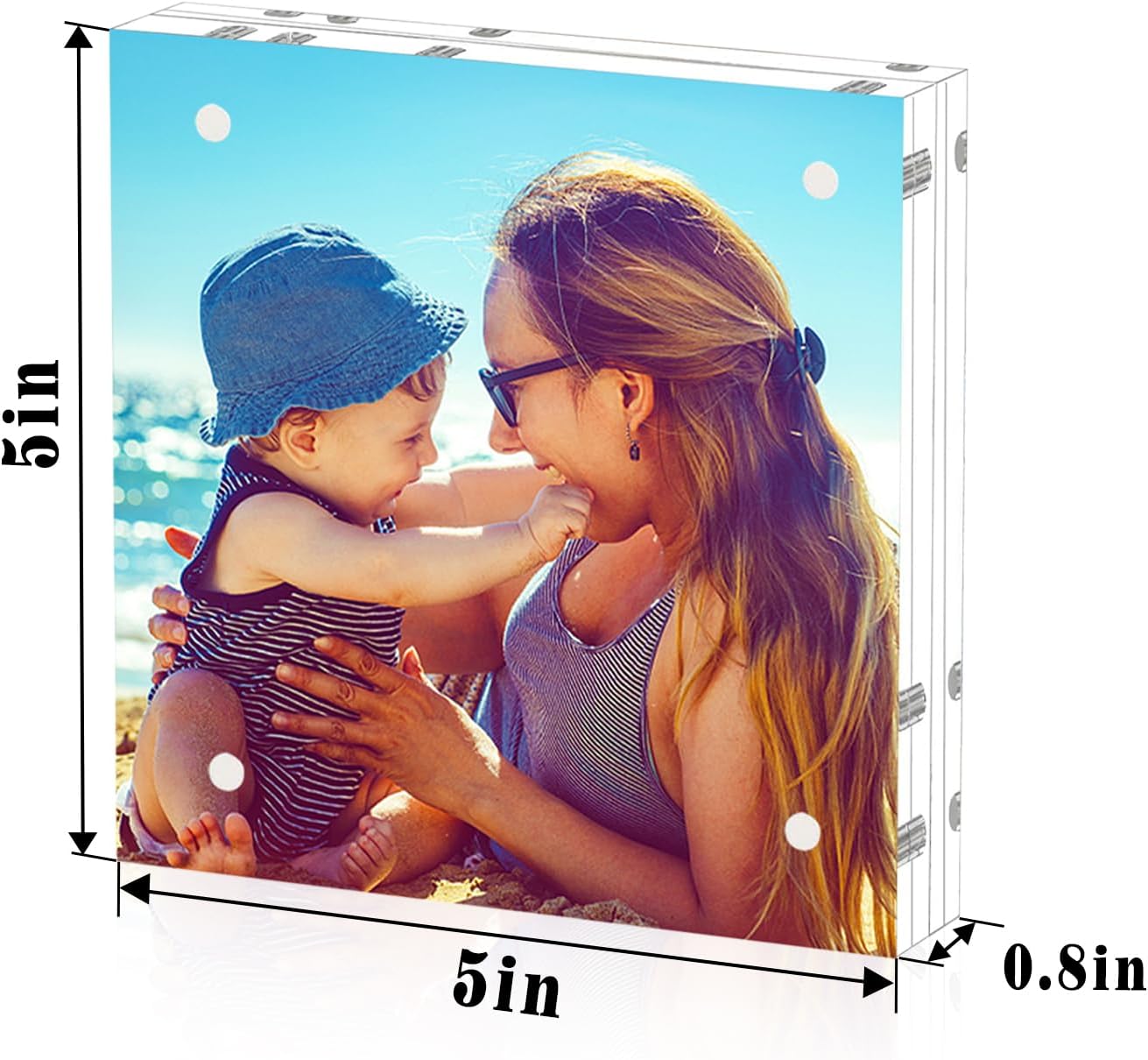 HELPLEX 5 Pack 5x5 Acrylic Picture Frames, 20mm Thicker Frameless Clear Frame Double Sided Magnetic Frame, Free Standing Desktop Display Stand Acrylic Frames