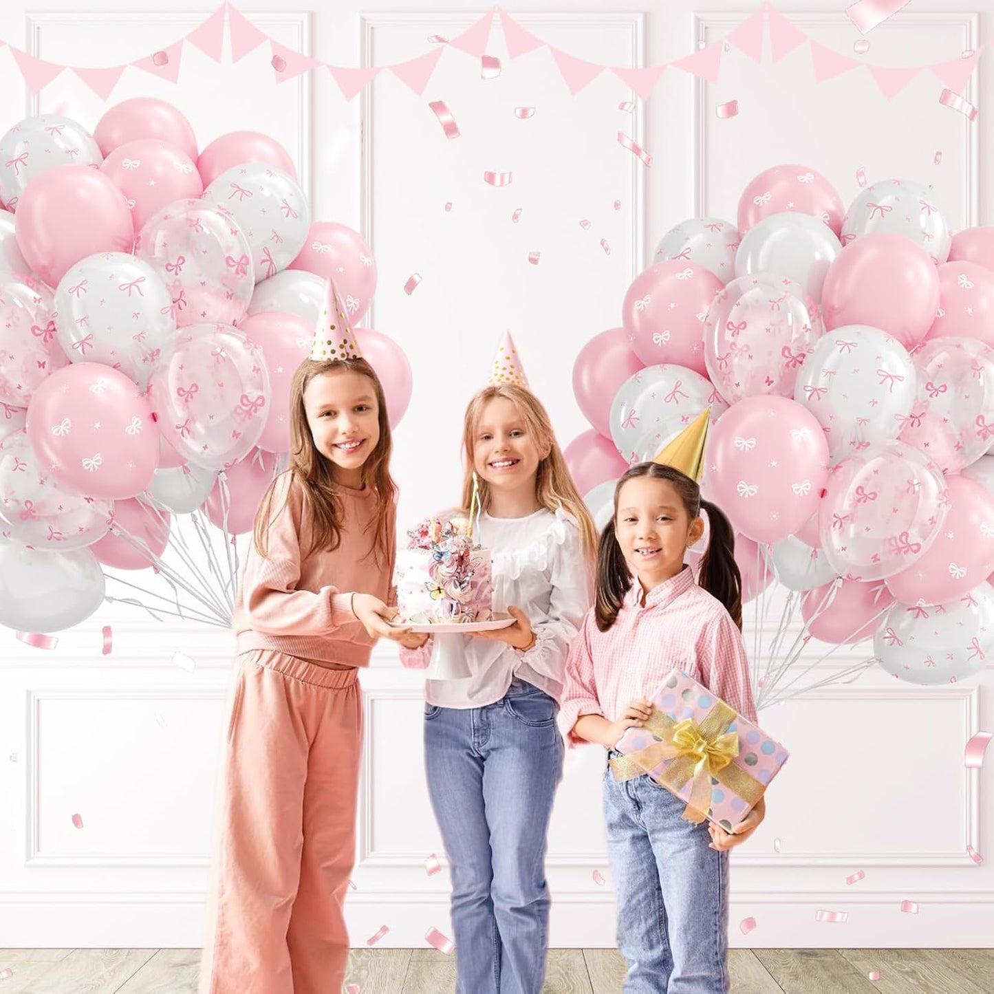 60pcs Pink Bow Balloons 12inch with Pink White Clear Bow Balloons for Pink Coquette Wedding Baby Shower Birthday Party Decorations