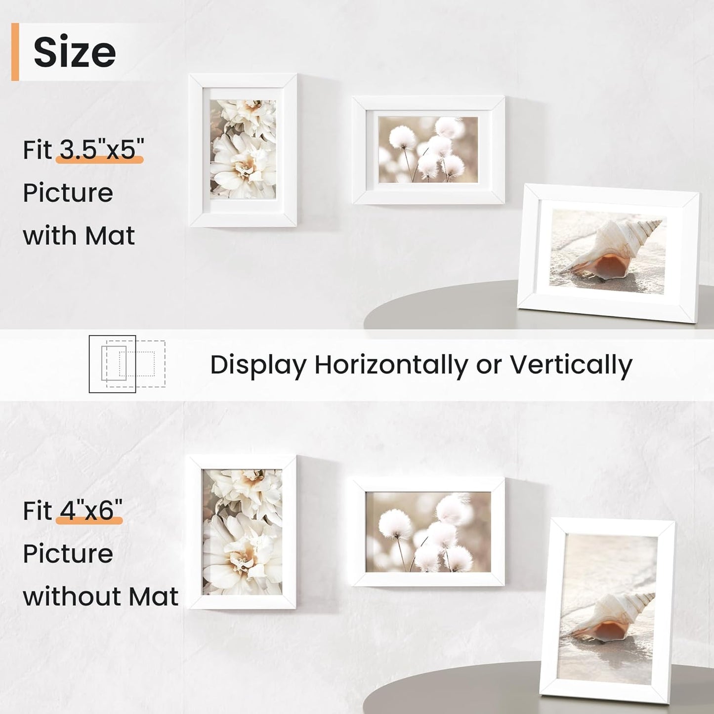 4x6 inch Picture Frame, 4x6 Photo Frames with 3.5x5 Removable Mat - High Definition Plexiglass - Vertical and Horizontal Display - Wall Hanging Frame - White, 12 Pack