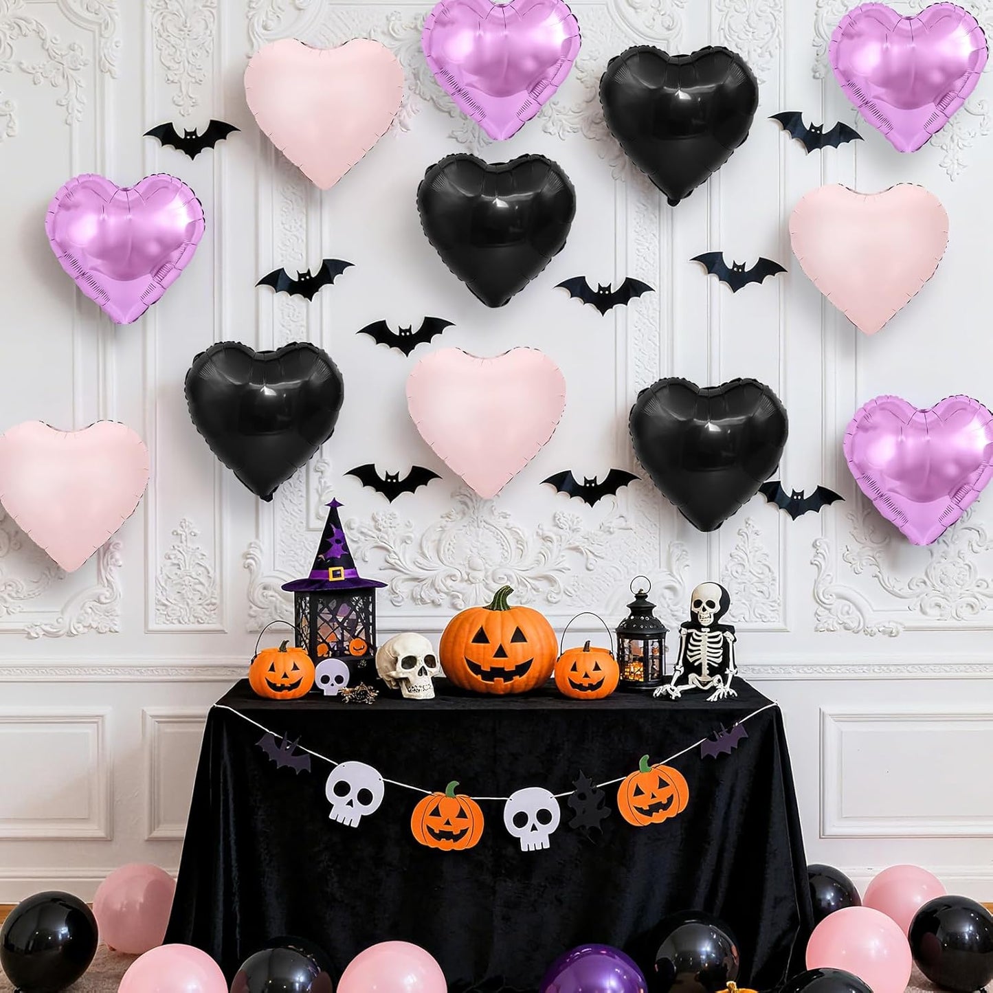 Purple Pink Black Heart Balloons, 18 Inch Baby Pink and Purple Black Heart Foil Shape Balloon, 12PCS Large Love Helium Balloons for Halloween Birthday Bridal Shower Wedding Anniversary Party Decor
