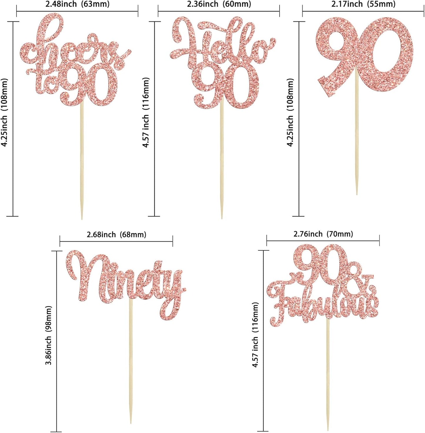Gyufise 30pcs Happy 90th Birthday Cupcake Toppers - Rose Gold Glitter Ninety Cheers to 90 Years Old Cupcake Picks for Anniversary Party Cake Decorations