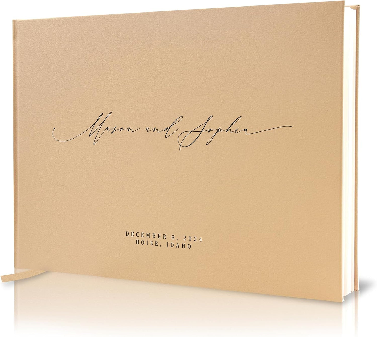MUUJEE Personalized Guestbook in Tan - Premium Tan Leatherette Custom Modern Guest Book for Wedding Reception, Birthday Party or Events w/Bookmark Blank Pages for Signing, Large 11.5 x 8.5 inches