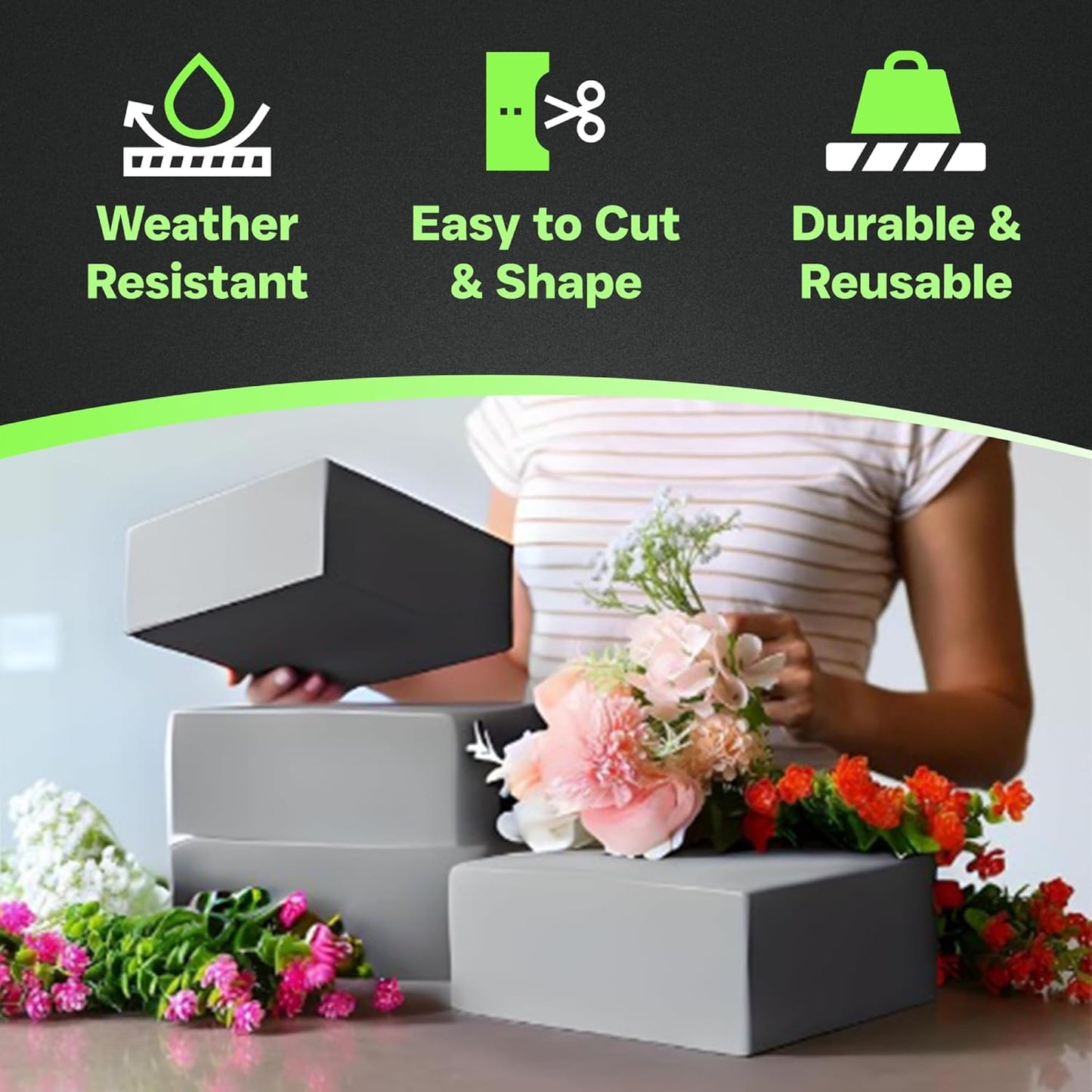 XCEL Floral Foam Blocks - Reusable, Weather Resistant Foam - Perfect for Fresh & Artificial Flower Arrangements, Crafts, Planter Boxes, Home Decor & More - 4-Pk, Gray (7” x 7” x 3”)