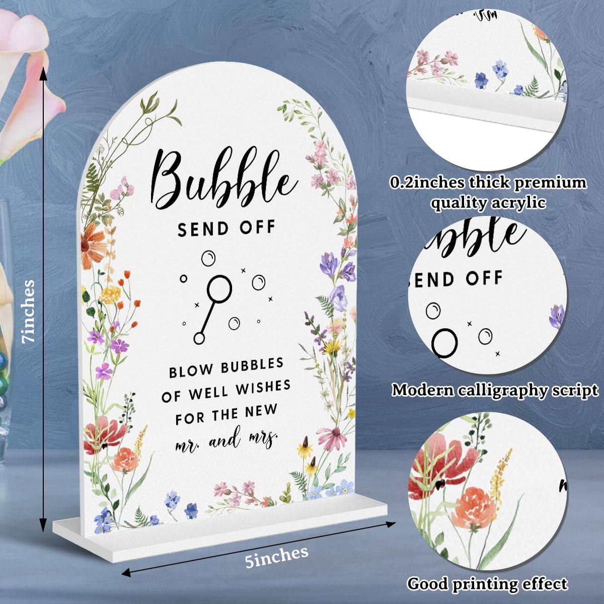 Acrylic Wedding Signs, Bubble Send Off Signs for Marriage Reception, Bridal Shower Decorations, Modern Arched Round Top Acrylic Table Top Sign with Holder for Wedding Party Dinner (White Wildflowers)